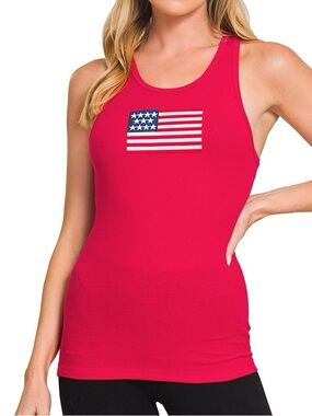 🇺🇸 Zenana American Flag Embroidery Stretchy Ribbed Tank -Red